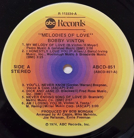 Bobby Vinton : Melodies Of Love (LP, Album, Club, Ind)