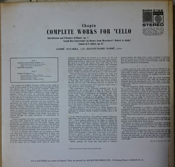 Navarra*, Chopin* : Introduction And Polonaise Brillante / Grand Duo Concertante On Themes From Meyerbeer’s ‘Robert Le Diable’ / Cello Sonata In G Minor, Op. 65 (LP)