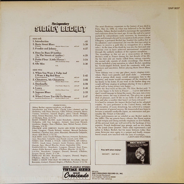 Sidney Bechet : The Legendary Sidney Bechet (LP)