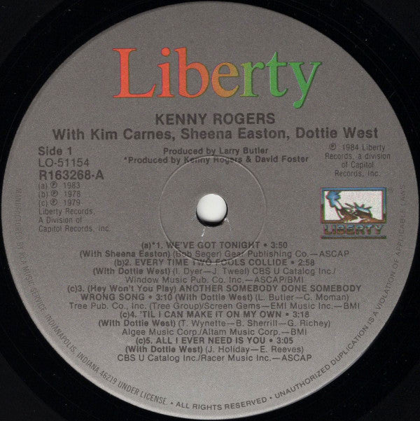 Kenny Rogers With Kim Carnes, Sheena Easton & Dottie West : Duets (LP, Comp, RCA)