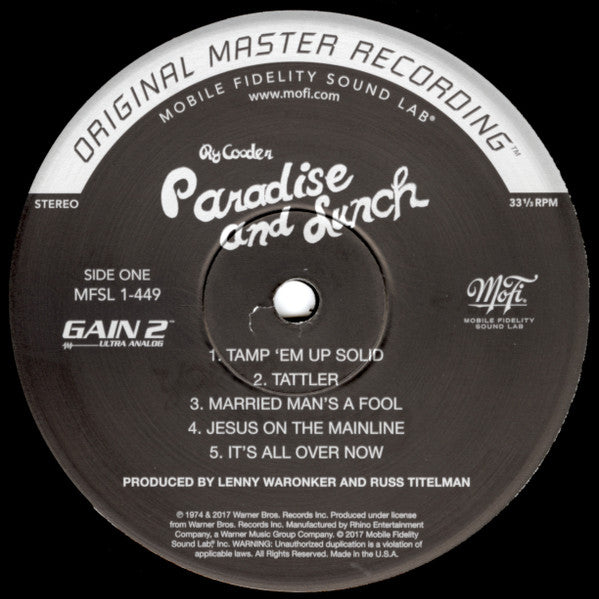 Ry Cooder : Paradise And Lunch (LP, Album, Ltd, Num, RE, RM, 180)