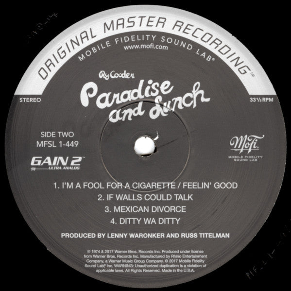 Ry Cooder : Paradise And Lunch (LP, Album, Ltd, Num, RE, RM, 180)