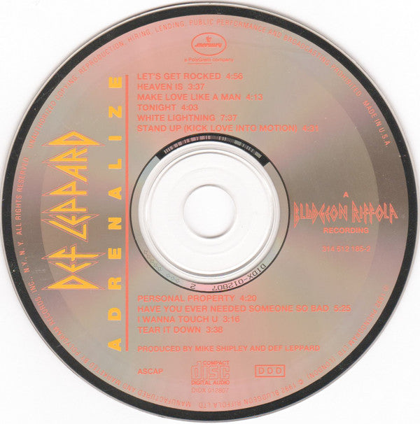 Def Leppard : Adrenalize (CD, Album, RP)