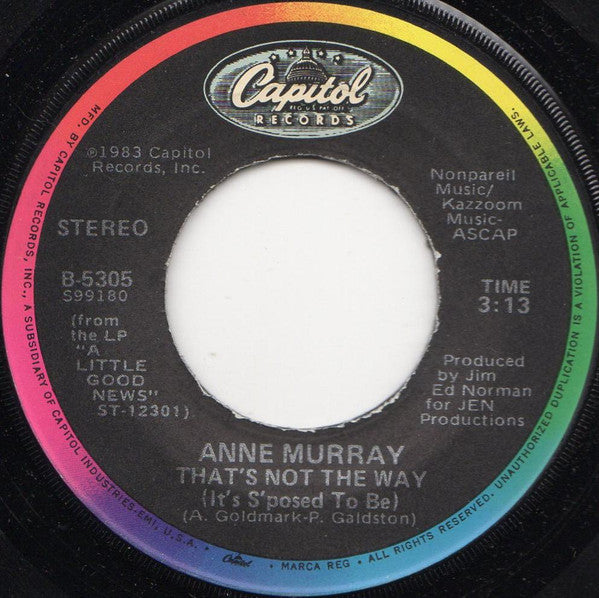 Anne Murray : The More We Try / That's Not The Way (It's S'posed To Be) (7", Single, Jac)