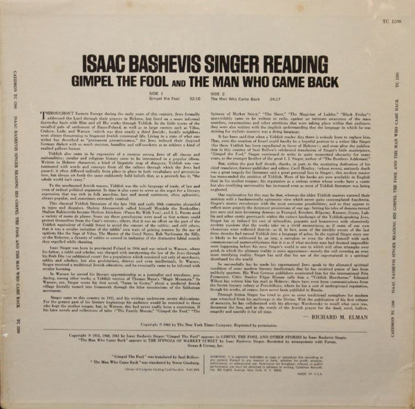 Isaac Bashevis Singer : Reading Gimpel The Fool And The Man Who Came Back (LP)