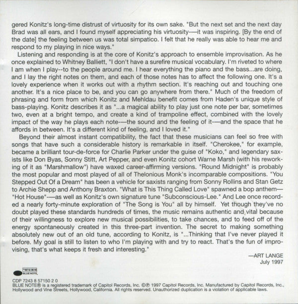 Lee Konitz, Brad Mehldau  & Charlie Haden : Alone Together (CD, Album)