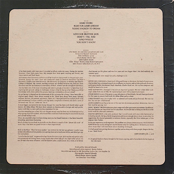 John Handy : Hard Work (LP, Album, Ter)