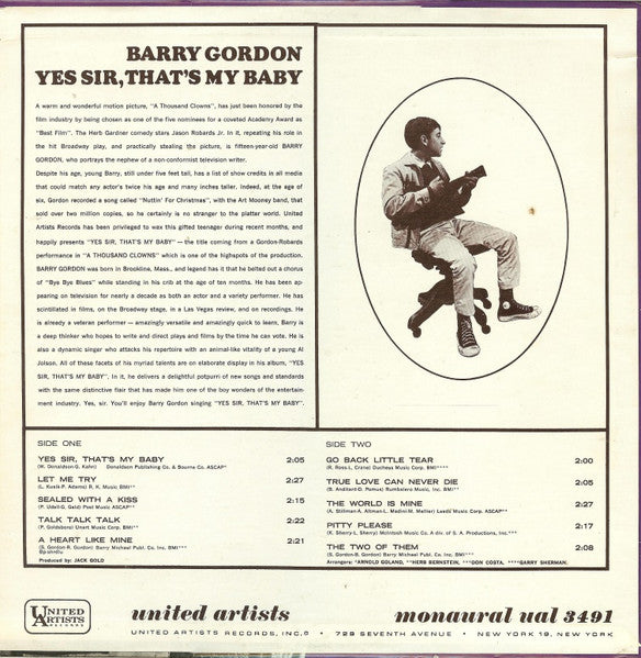 Barry Gordon : Yes Sir, That's My Baby (LP, Album, Mono)