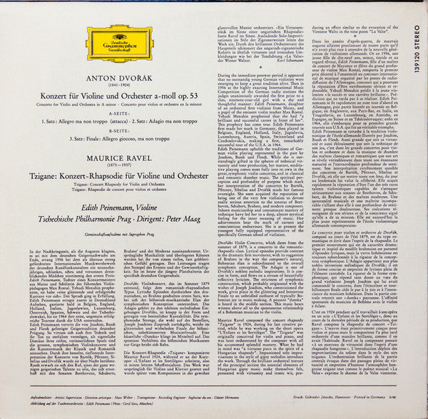 Dvořák* / Ravel* - Edith Peinemann ∙ Tschechische Philharmonie* ∙ Dirigent: Peter Maag : Violinkonzert A-moll Op. 53 = Violin Concerto In A Minor = Concerto Pour Violon En La Mineur / Tzigane (LP)