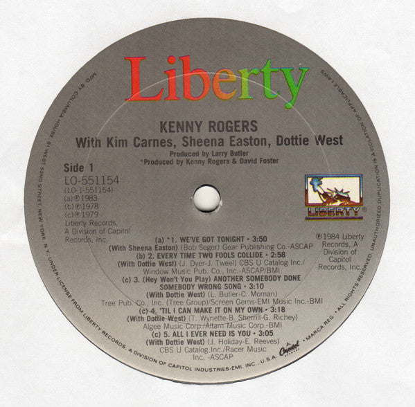 Kenny Rogers With Kim Carnes, Sheena Easton & Dottie West : Duets (LP, Comp, Club, Car)