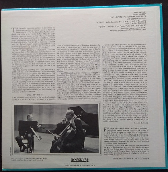 Mozart*, Turina*, Heifetz*, Piatigorsky*, Leonard Pennario : Violin Concerto No. 5, K. 219 · Trio No. 1 For Piano, Violin And Cello, Op. 35 (LP)