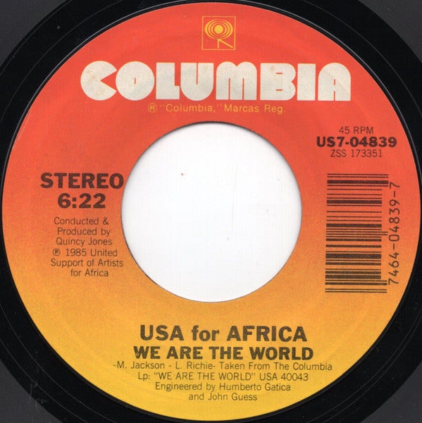 USA For Africa : We Are The World (7", Single, Styrene, Car)