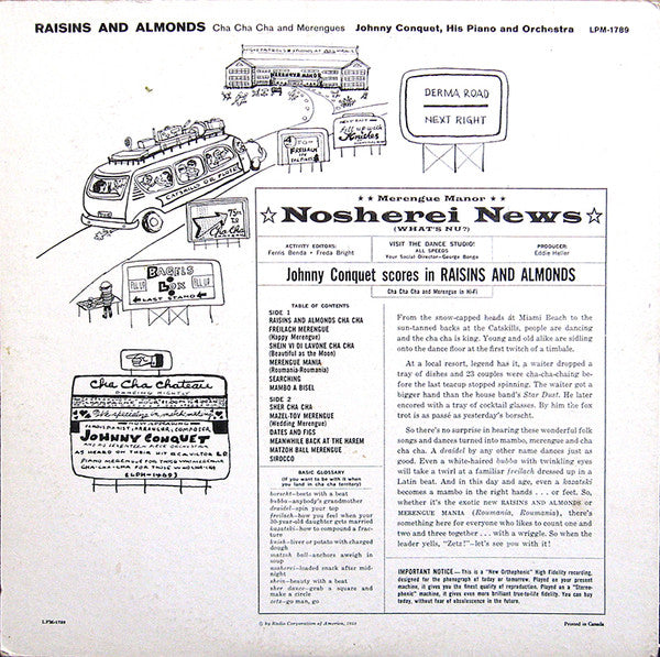 Johnny Conquet, His Piano & Orchestra* : Raisins & Almonds Cha Cha Cha & Merengues (LP, Album, Mono)