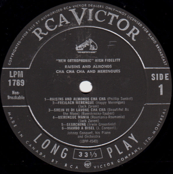 Johnny Conquet, His Piano & Orchestra* : Raisins & Almonds Cha Cha Cha & Merengues (LP, Album, Mono)