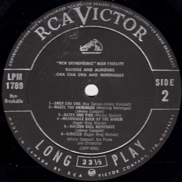 Johnny Conquet, His Piano & Orchestra* : Raisins & Almonds Cha Cha Cha & Merengues (LP, Album, Mono)