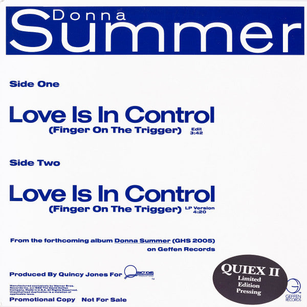 Donna Summer : Love Is In Control (Finger On The Trigger) (12", Ltd, Promo)