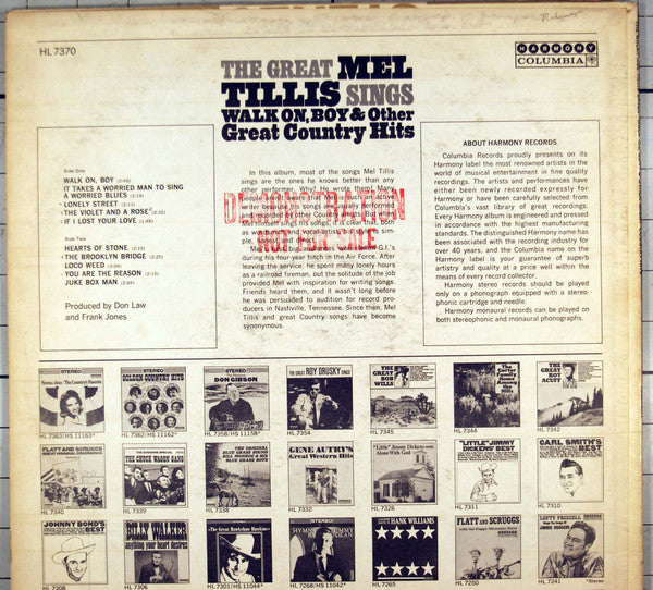 Mel Tillis : The Great Mel Tillis Sings Walk On, Boy & Other Great Country Hits (LP, Mono, Promo)