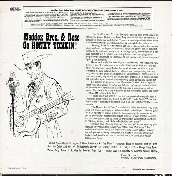 Maddox Brothers and Rose : Maddox Brothers and Rose Go Honky Tonkin!  (LP)