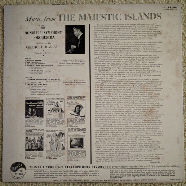 The Honolulu Symphony Orchestra : Music From The Majestic Islands (LP, Album)