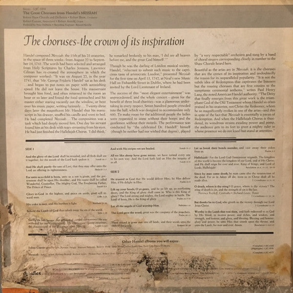 Handel*, Robert Shaw Chorale* And Orchestra*, Robert Shaw : The Great Choruses From Handel's Messiah (LP, Album)