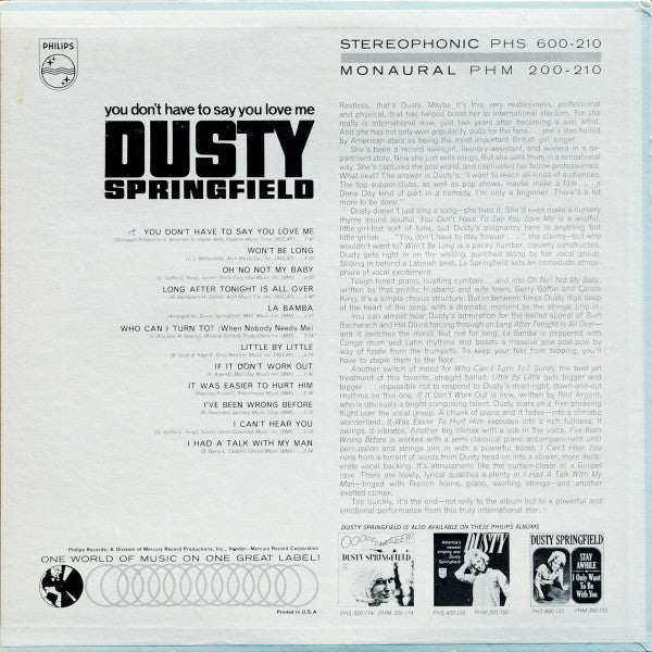 Dusty Springfield : You Don't Have To Say You Love Me (LP, Album, Mer)