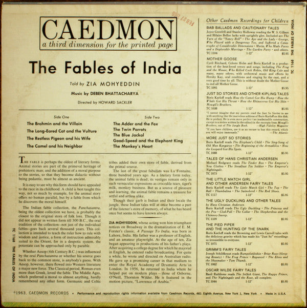 Zia Mohyeddin, Deben Bhattacharya : The Fables Of India (LP)
