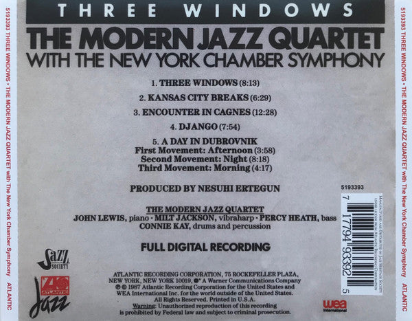 The Modern Jazz Quartet With The New York Chamber Symphony* : Three Windows (CD, Album, Club, RE)