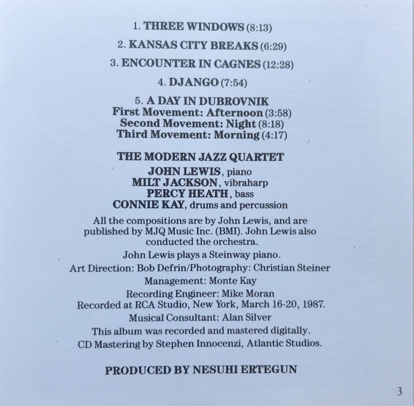 The Modern Jazz Quartet With The New York Chamber Symphony* : Three Windows (CD, Album, Club, RE)