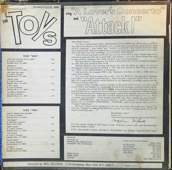 The Toys : The Toys Sing "A Lover's Concerto" And "Attack" (LP, Album)