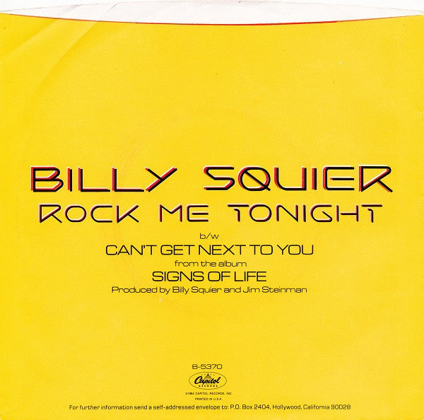 Billy Squier : Rock Me Tonight (7", Single, Jac)