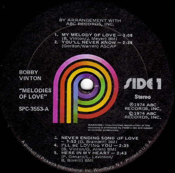 Bobby Vinton : Melodies Of Love (LP, Album, RP)