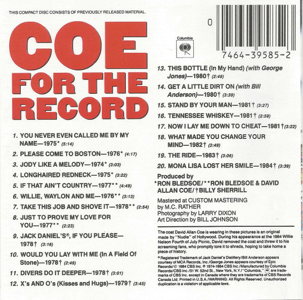 David Allan Coe : For The Record - The First 10 Years (CD, Comp, Son)