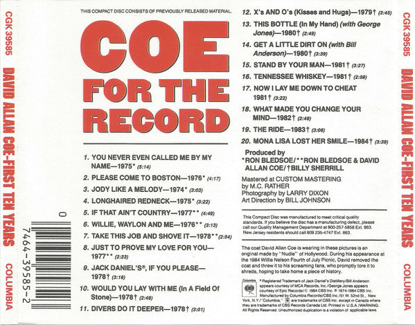 David Allan Coe : For The Record - The First 10 Years (CD, Comp, Son)