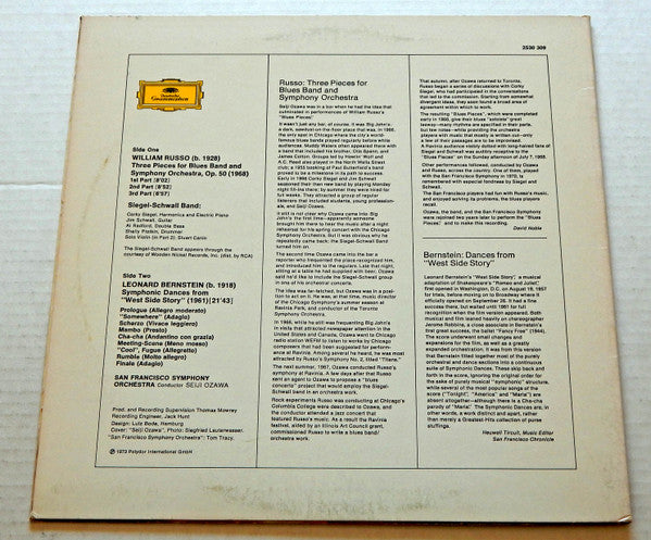 William Russo* / Leonard Bernstein, Siegel/Schwall Band*, San Francisco Symphony Orchestra* · Seiji Ozawa : Three Pieces For Blues Band And Orchestra / Symphonic Dances From West Side Story (LP)