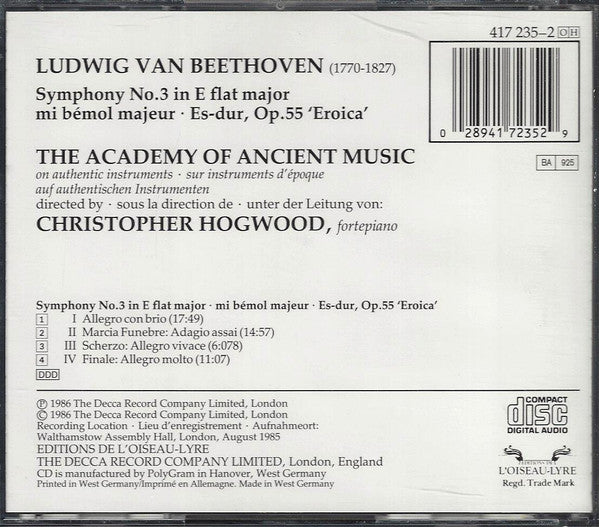 Ludwig Van Beethoven — The Academy Of Ancient Music • Christopher Hogwood : Symphony No. 3 'Eroica' (CD, Album)
