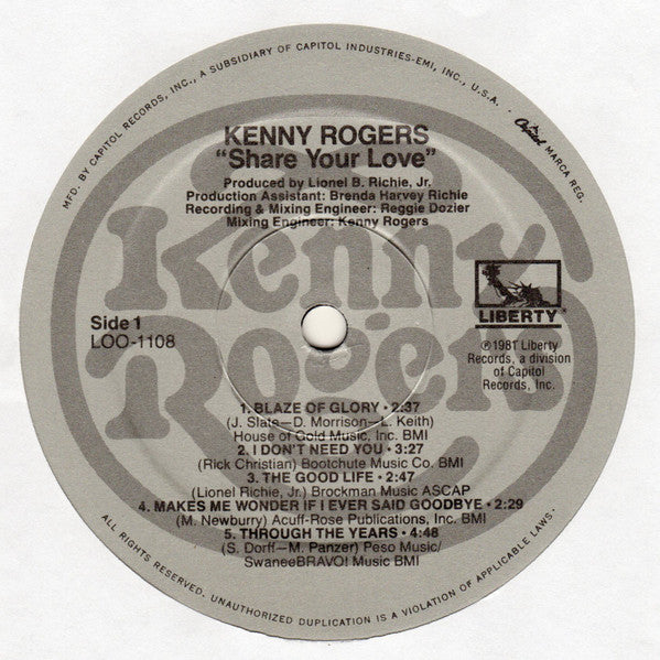Kenny Rogers : Share Your Love (LP, Album, Spe)
