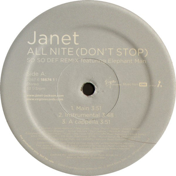 Janet* Featuring Elephant Man : All Nite (Don't Stop) (So So Def Remix) / R&B Junkie (12", Promo)