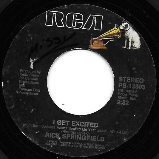 Rick Springfield : I Get Excited (7", Single, Styrene, Ind)