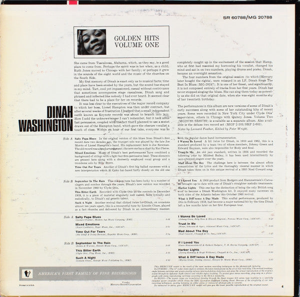 Dinah Washington : Golden Hits Volume One (LP, Comp, RE)