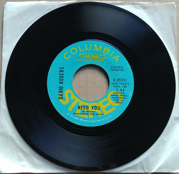 David Rogers (7) : Need You (7", Single, Promo)