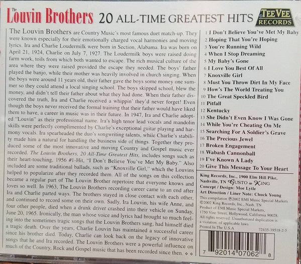 The Louvin Brothers : 20 All-Time Greatest Hits  (CD, Comp)