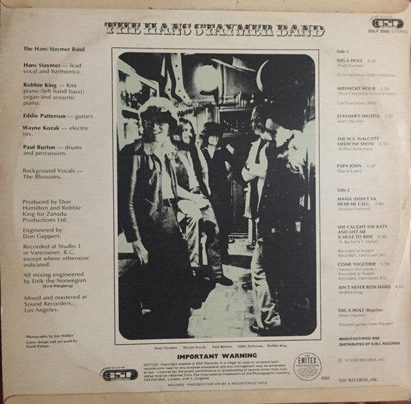 The Hans Staymer Band : The Hans Staymer Band (LP, Album)