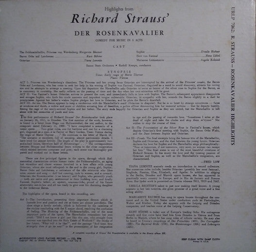 Strauss*, Rudolf Kempe, Saxon State Orchestra*, Ursula Richter, Tiana Lemnitz, Kurt Böhme : Der Rosenkavalier (Highlights) (LP, Album)