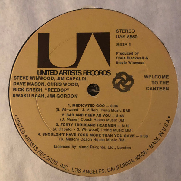 Steve Winwood, Jim Capaldi, Dave Mason, Chris Wood (2), Rick Grech, Reebop Kwaku Baah*, Jim Gordon : Welcome To The Canteen (LP, Album, Ter)