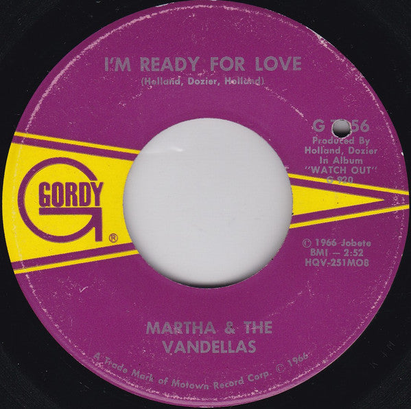 Martha & The Vandellas* : I'm Ready For Love (7", Single)
