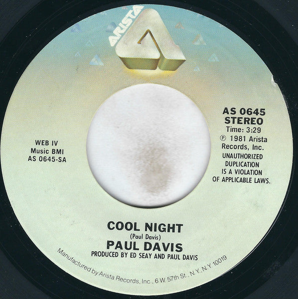 Paul Davis (3) : Cool Night / One More Time For The Lonely (7", Single, Styrene, Ter)
