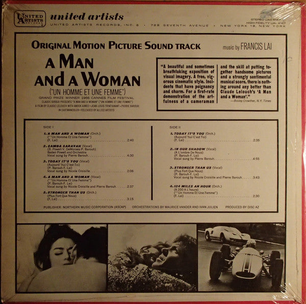 Francis Lai : A Man And A Woman ("Un Homme Et Une Femme") Original Motion Picture Soundtrack Grand Prize Winner 1966 Cannes Film Festival (LP, Album, RE, All)
