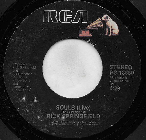 Rick Springfield : Souls (7", Single, Styrene, Ind)