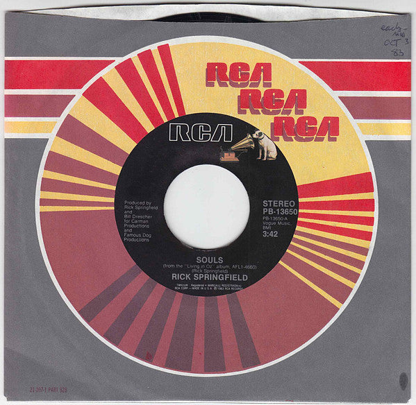 Rick Springfield : Souls (7", Single, Styrene, Ind)