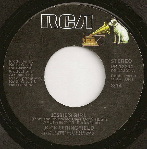 Rick Springfield : Jessie's Girl (7", Single, Styrene, Ind)
